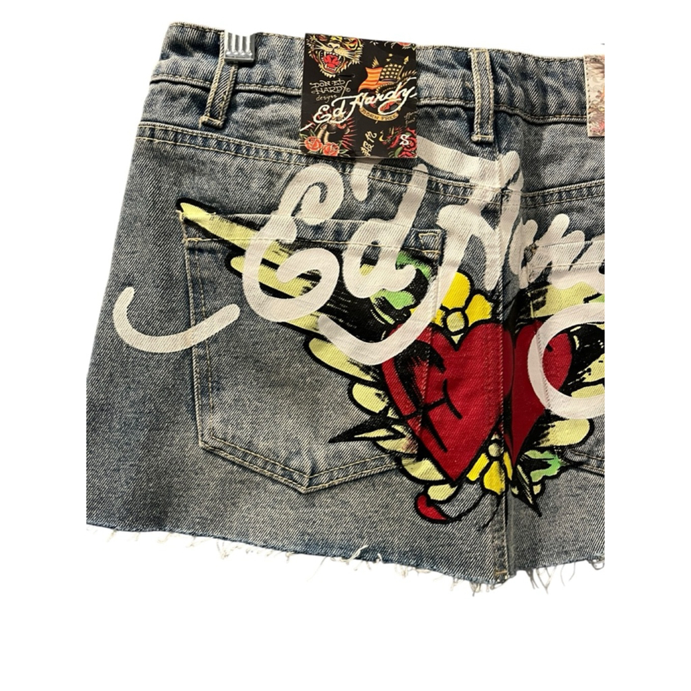 Ed Hardy NWT Love Kills Slowly Size Small Denim Jean Mini Skirt Skull Heart Blue - Picture 10 of 10
